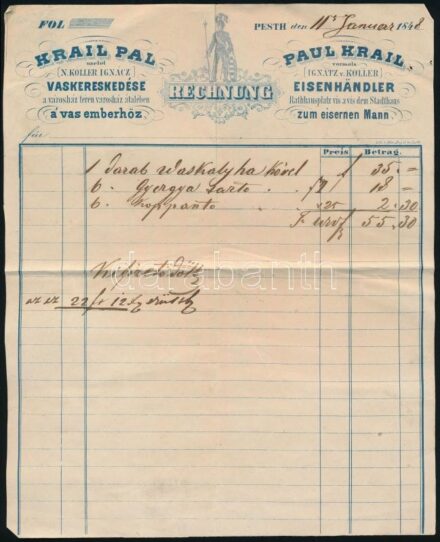 1848 Budapest V. Krail Pál vaskereskedő reklámos számla