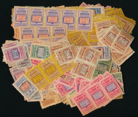 Budapest Székesfőváros Illetékbélyegek egy tömött borítékban. Több címlet, összefüggések