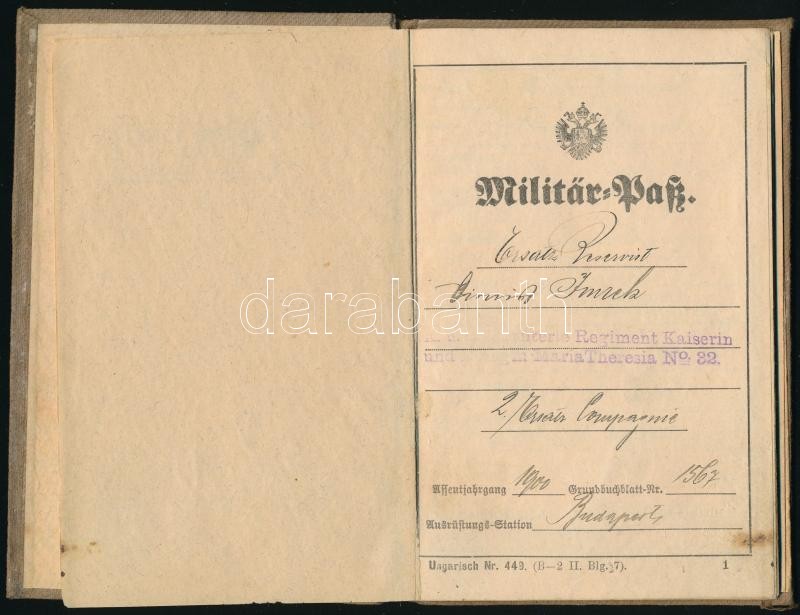 1900 Katonakönyv sok bejegyzéssel