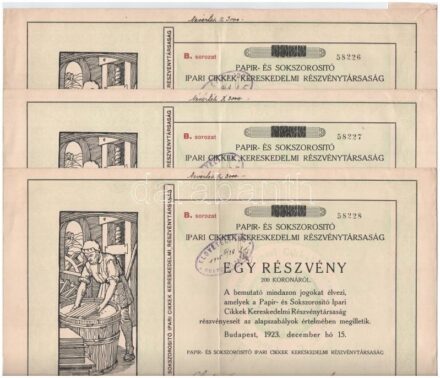 Budapest 1923. 'Papir- és Sokszorosító Ipari Cikkek Kereskedelmi Részvénytársaság' részvénye 200K-ról szelvényekkel, bélyegzésekkel (3x) sorszámkövetők T:II-