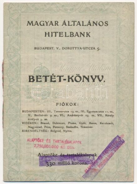 1942. 'Magyar Általános Hitelbank' betétkönyve szárazpecséttel, bélyegzésekkel