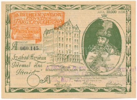 Budapest 1926. 'A Bethlen Gábor Szövetség Tárgysorsjátéka' 10.000K árban, bélyegzéssel, szárazpecséttel T:I-