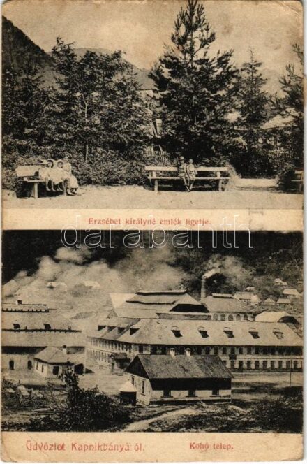 1909 Kapnikbánya, Cavnic; Erzsébet királyné emlék ligetje, Kohó telep. Haraga Márton kiadása / park, mine (EK)