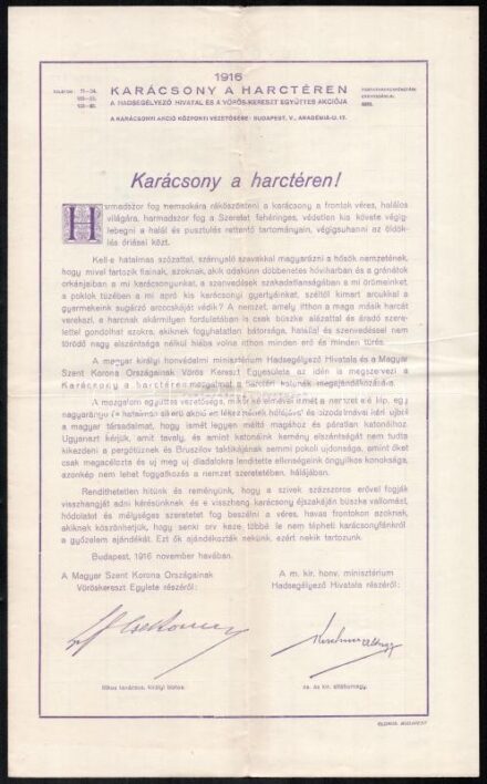 1916 Karácsony a harctéren gyűjtőív, felhívás és csekkszelvény