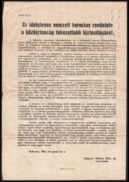 1945 Az Ideiglenes Nemzeti Kormány két hirdetmény plakátja a közbiztonságról és a közalkalmazottakról. 30x40 cm