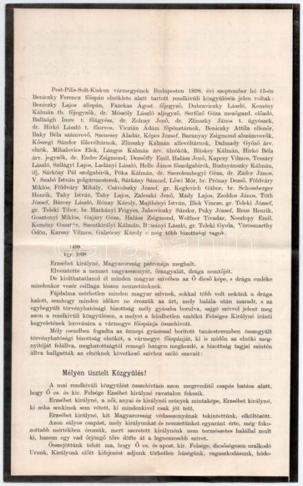 1898 Erzsébet királyné halála alkalmából elhangzott gyászbeszéd Pest-Pilis-Solt-Kiskun vármegye díszközgyűlésén
