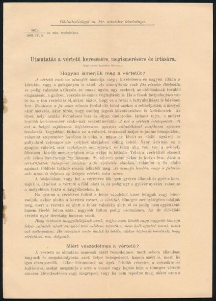 1899 Bp., Útmutatás a vértetű keresésére, megismerésére és irtására, a Földművelésügyi m. kir. minister és m. kir. állami Rovartani Állomás ismeretterjesztő különlenyomata, 1 db színes litho melléklettel, 5p