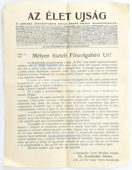 cca 1910 Az Élet c. alkoholellenes lap felhívása