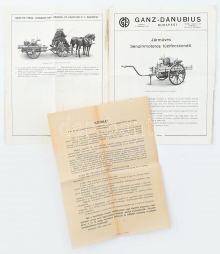 cca 1910 Ganz Danubius benzinmotoros tűzoltó fecskendő képes reklám nyomtatvány 4+1 p
