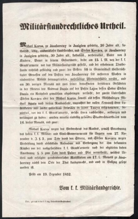 1852 Jászberényi lótolvajok ügyében kelt halálos ítélet rögtön bírósági hirdetménye
