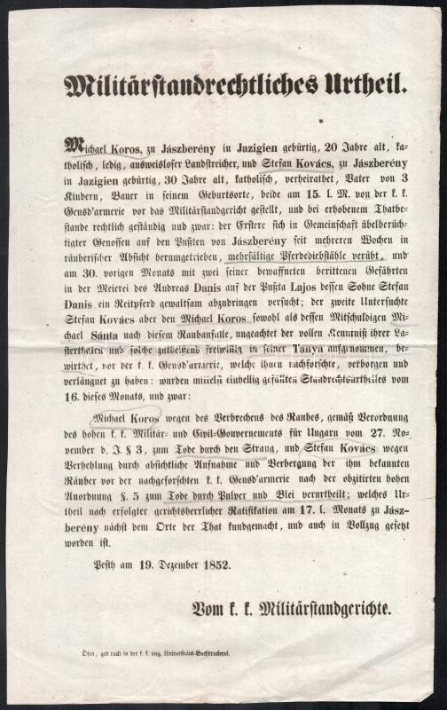1852 Jászberényi lótolvajok ügyében kelt halálos ítélet rögtön bírósági hirdetménye