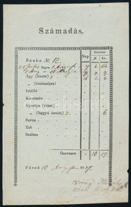 1837 Balatonfüred szállodai számla, számadás 21x12 cm