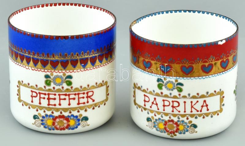 Osztrák bors és paprika tartó, zománcozott fém, kopott, részben jelzett, apró lepattanások, m:6cm