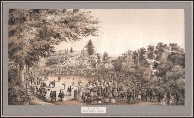 cca 1850-1900 2 db mexikói témájú metszet: El calvario en San Augustin de las Cuevas és SanAngel, Plaza de San Jacinto. Litográfia, papír, paszpartuban, 14×26,5 cm - Image 2