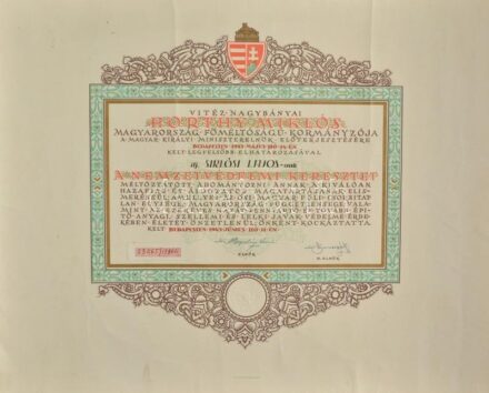 1943. 'Nemzetvédelmi Kereszt' kitüntetésnek adományozói oklevele ifj. Siklósi Lajos részére, az 'Országos Nemzetvédelmi Bizottság' pecsétjével T:III Hungary 1943. 'National Defense Cross' awarding document for Lajos Siklósi junior,