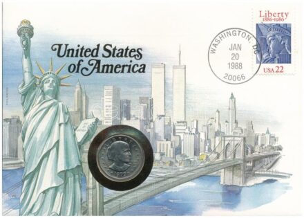 Amerikai Egyesült Államok 1979. 1D Cu-Ni 'Susan B. Anthony' boríték bélyeggel és bélyegzéssel, német nyelvű ismertetővel C:1- USA 1979. 1 Dollar Cu-Ni 'Susan B. Anthony' envelope with stamp and cancellation, with German language