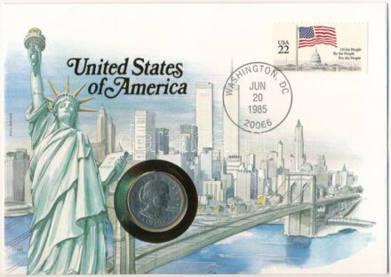 Amerikai Egyesült Államok 1979. 1D Cu-Ni 'Susan B. Anthony' boríték bélyeggel és bélyegzéssel, német nyelvű ismertetővel C:1- USA 1979. 1 Dollar Cu-Ni 'Susan B. Anthony' envelope with stamp and cancellation, with German language