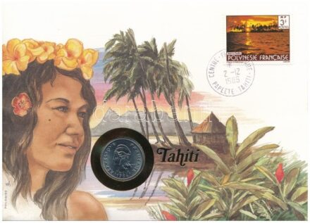 Francia Polinézia 1984. 10Fr 'Tahiti' feliratú érmés borítékban, bélyeggel és bélyegzéssel, német nyelvű ismertetővel T:1 French Polynesia 1984 10 Francs in 'Tahiti' coin envelope, with stamp and cancellation, with German description