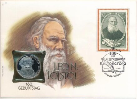 Szovjetunió 1988. 1R 'Leo Tolsztoj' érmés borítékban, bélyegzéses bélyeggel, német nyelvű leírással T:PP patina Soviet Union 1988. 1 Rouble 'Leo Tolstoi' in coin envelope with stamp and cancellation, with German description C:PP patina