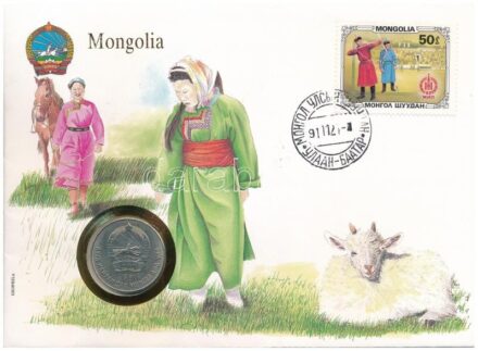 Mongólia 1981. 50m érmés borítékban, bélyegzéses bélyeggel, német nyelvű leírással T:1- Mongolia 1981. 50 Mongo in coin envelope with stamp and cancellation, with German description C:AU