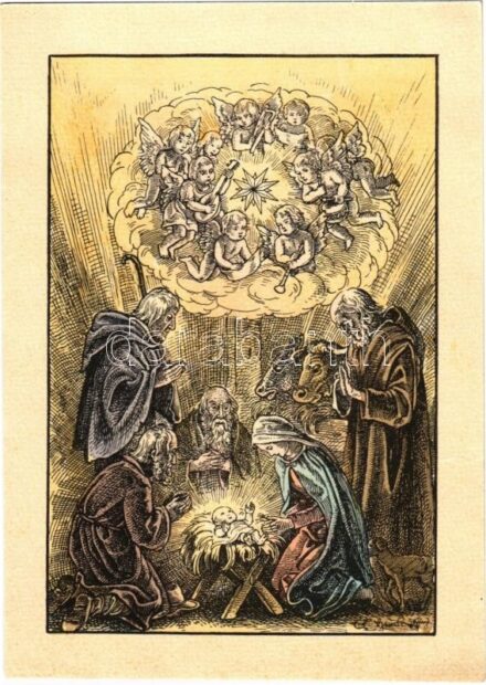 1948 Federzeichnung von E.E. Heinsdorff / Karácsony / Christmas