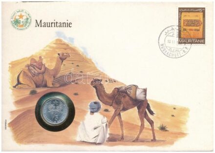 Mauritánia 1973. 1/5o érmés borítékban, bélyegzéses bélyeggel, német nyelvű leírással T:1- Mauritania 1973. 1/5 Ouguiya in coin envelope with stamp and cancellation, with German description C:AU