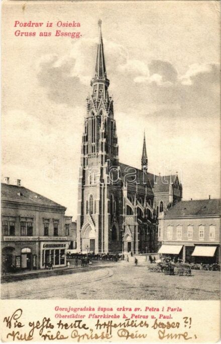 1905 Eszék, Esseg, Osijek; Felsővárosi Plébániatemplom, drogéria, Vilim Glesinger és A. Seidling és G. Slavek üzlete / Gornjogradska zupna crkva sv. Petra i Pavla / church, shops, drogerie