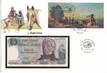 Argentína 1983-1984. 5P felbélyegzett borítékban, bélyegzéssel T:I Argentina 1983-1984. 5 Pesos in envelope with stamp and cancellation C:UNC