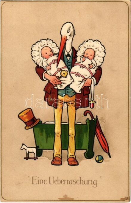 1929 Eine Ueberraschung / Üdvözlet gyermek születésre, gólya babákkal / Greeting for child birth, stork with babies. Meissner & Buch Künstler-Postkarten Serier 1853. 'Gevatter Storch' litho
