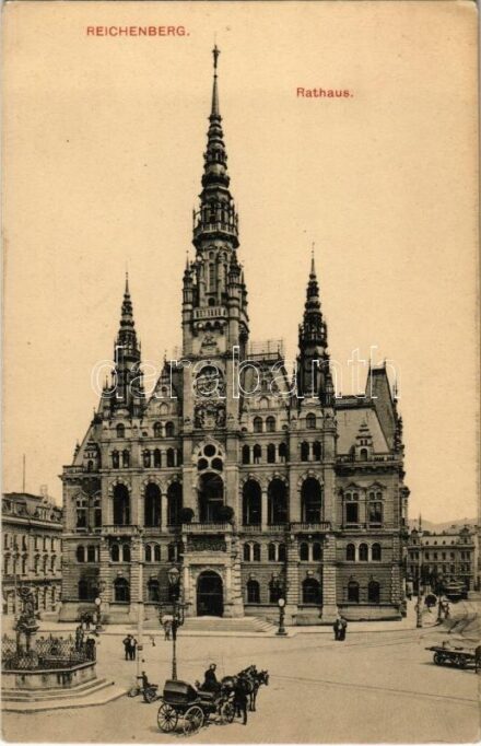 1916 Liberec, Reichenberg; Rathaus / town hall, tram