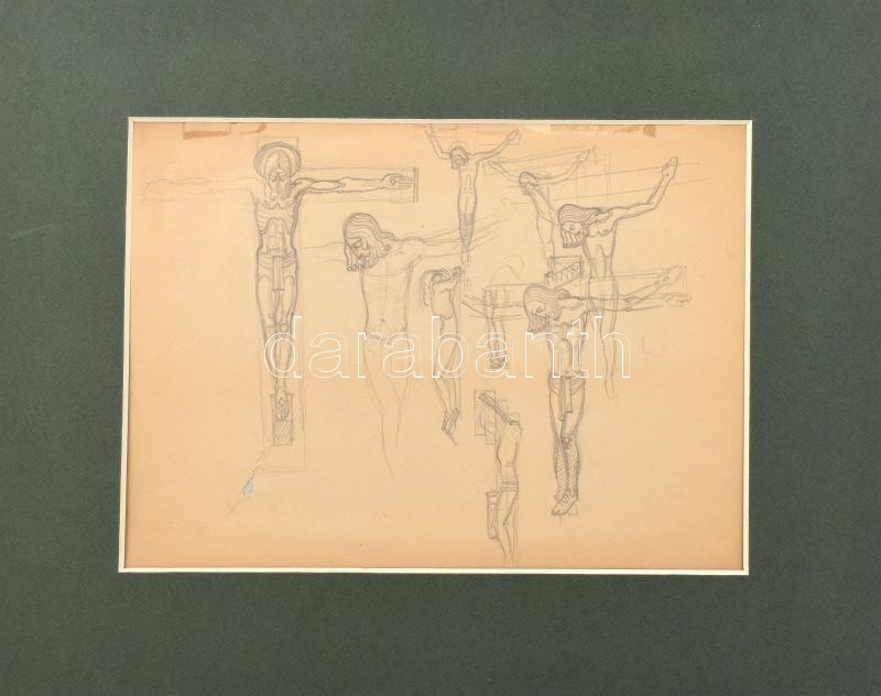 Jelzés nélkül: Krisztus a kereszten (tanulmány). Ceruza, papír. Sérült. Paszpartuban. 20,5x29 cm