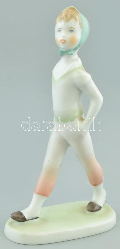 Aquincumi esernyős porcelán lány figura, kézzel festett, jelzett, kopásnyomokkal, m: 14 cm