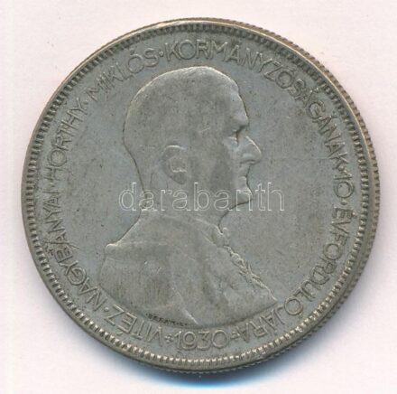 1930. 5P Ag 'Horthy jobbra' T:3 patina Adamo P8