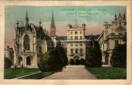 1914 Lednice, Lednice-Valtice, Feldsberg-Eisgrub, Eisgrub; Kirche und Schloß Liechtenstein (Südseite) / castle, church (fl)