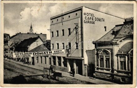 1938 Beregszász, Berehove, Berehovo; Donáth kerti vendéglő, szálloda és garázs / zahradní restaurace / restaurant, hotel and garage + '1938 Beregszász visszatért' So. Stpl (EB)