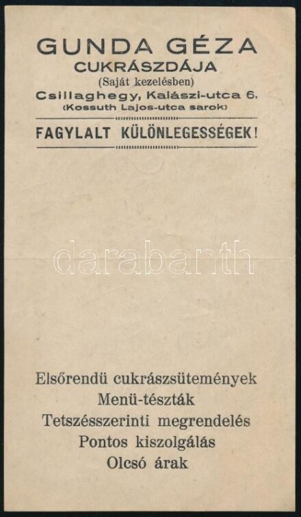 Gunda Géza cukrászdája számolócédula, hajtott