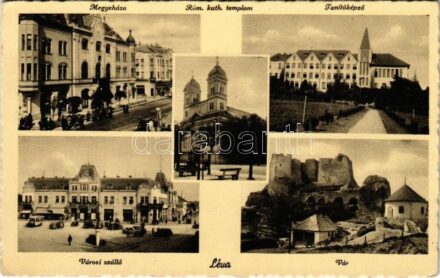 Léva, Levice; Megyeháza, Római katolikus templom, Tanítóképző, Városi szálloda, autóbusz, automobilok, vár / county hall, Catholic church, teachers' school, hotel, autobus, automobiles, castle (fa)