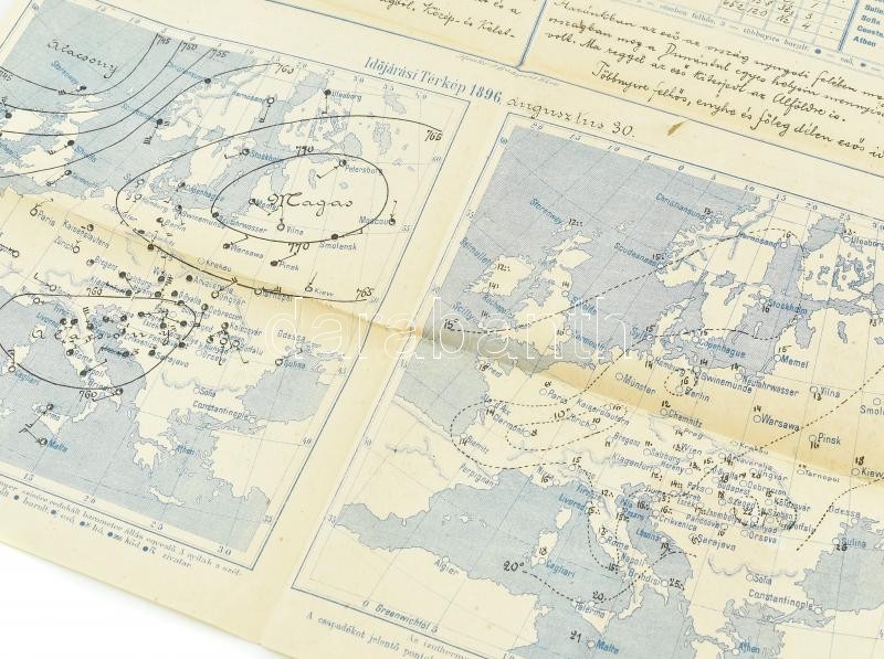 1896 A meteorologiai m. kir. központi intézet időjárási sürgöny-jelentése, időjárási térképekkel, kisebb szakadással, 51,5x42 cm - Image 3