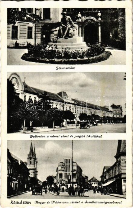 1942 Komárom, Komárno; Jókai szobor, Deák utca, Városi elemi és polgári iskolák, Megye- és Nádor utca részlet a Szentháromság szoborral / statue, street view, schools, Holy Trinity column (EK)