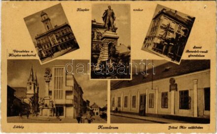 1943 Komárom, Komárno; Klapka szobor, Városháza, Szent Benedek-rendi gimnázium, látkép, Jókai Mór szülőháza / statue, town hall, grammar school, street view, birthplace of Mór Jókai (lyuk / pinhole)