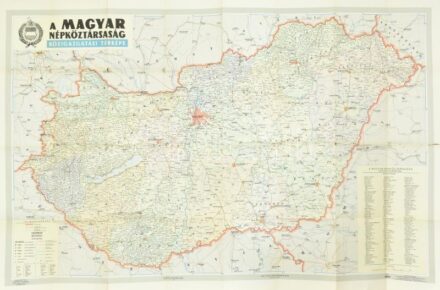 1957 A Magyar Népköztársaság közigazgatási térképe. 1 : 500.000. Bp., Kartográfiai Vállalat (Offset-ny.), hajtva, kisebb szakadásokkal, elvált borítóval, 115x75 cm