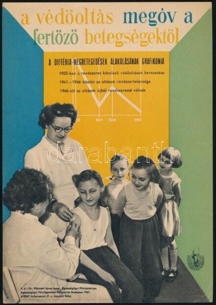 1961 'A védőoltás megóv a fertőző betegségektől', kisplakát/villamosplakát, ofszet, papír, 23,5×16,5 cm.