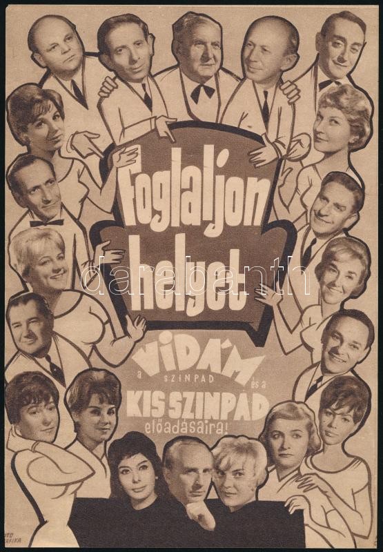 1963 'Foglaljon helyet a Vidám és a Kis Színpad előadásaira', kisplakát/nyomtatvány, ofszet, papír, hátoldalán további reklám feliratokkal, 20×14 cm.