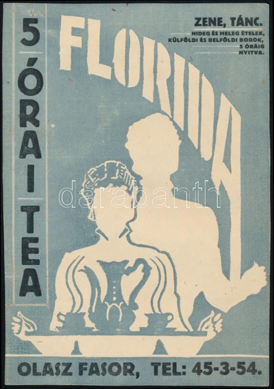 cca 1935-40 'Florida 5 órai tea', Olasz fasor (később Szilágyi Erzsébet fasor), kisplakát/villamosplakát, litográfia papír, lap tetején apró foltokkal, 22×15 cm. Ritka!