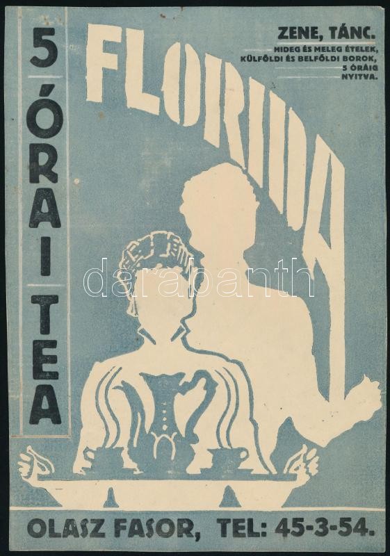 cca 1935-40 'Florida 5 órai tea', Olasz fasor (később Szilágyi Erzsébet fasor), kisplakát/villamosplakát, litográfia papír, lap tetején apró foltokkal, 22×15 cm. Ritka! - Image 2
