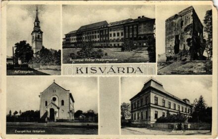 1933 Kisvárda, Református templom, Bessenyei György reálgimnázium, várrom, Evangélikus templom, Állami polgári iskola. Berger I. és Társa kiadása (EM)