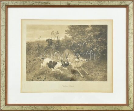 Dekoratív üvegezett fakeret, benne Guido Maffei (1838-?) - Biztos préda és vadászkutyák (1879 München) festményéről készült nyomattal. 31x38cm