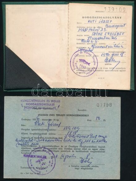 1974-1976 Kunszentmiklós, horgászigazolvány (Kunszentmiklós és Vidéke Horgászegyesület) + állami horgászjegy, ifjúsági területi jegy és horgászengedély