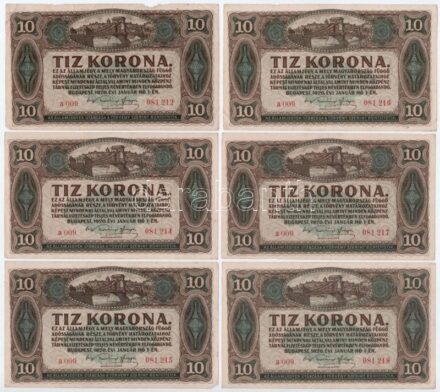 1920. 10K (6x, sorszámkövetők, egy kihagyással: 'a 009 081.212 - a 009 081.218' T:I--III kettőn kisebb anyaghiány Adamo K14