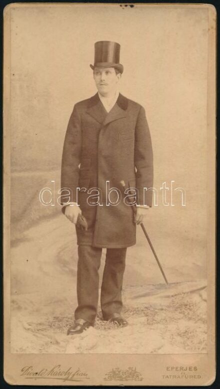 1892 Férfi cilinderben és sétapálcával, keményhátú fotó Divald Károly eperjesi műterméből, 19,5×11 cm